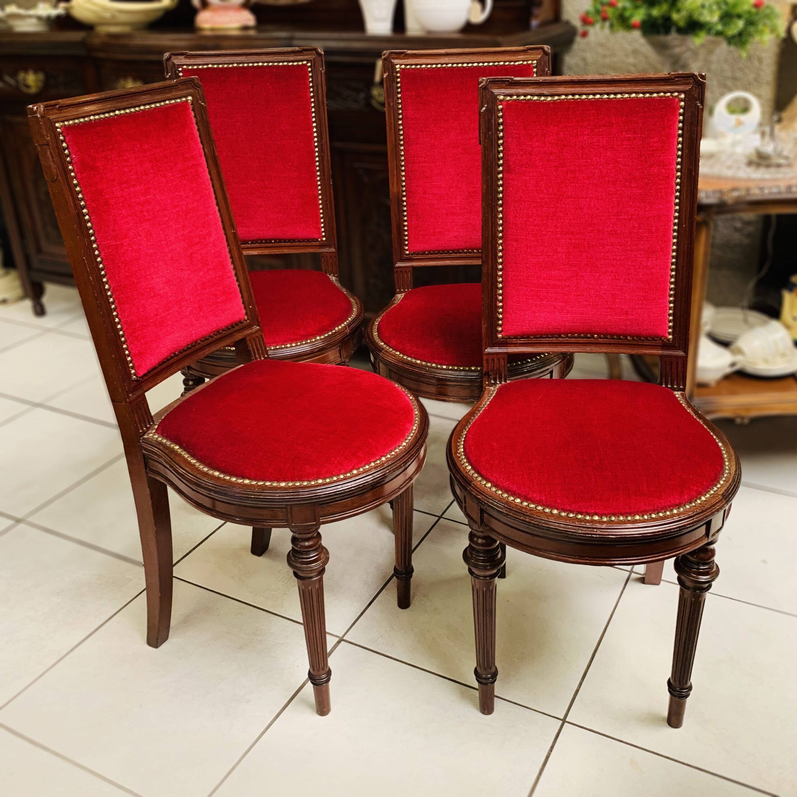 4 Upholstered Walnut Chairs