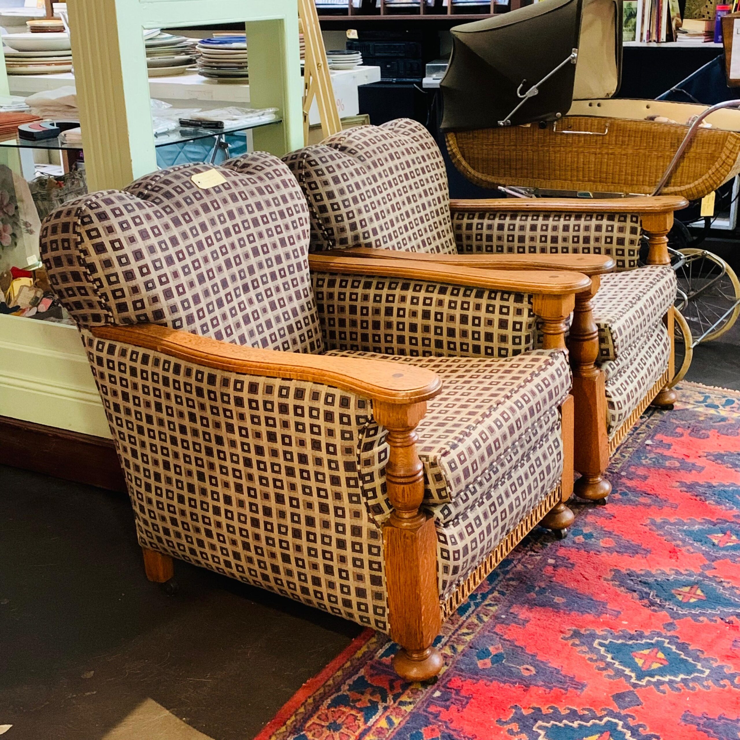 Pair English Oak Lounge Chairs