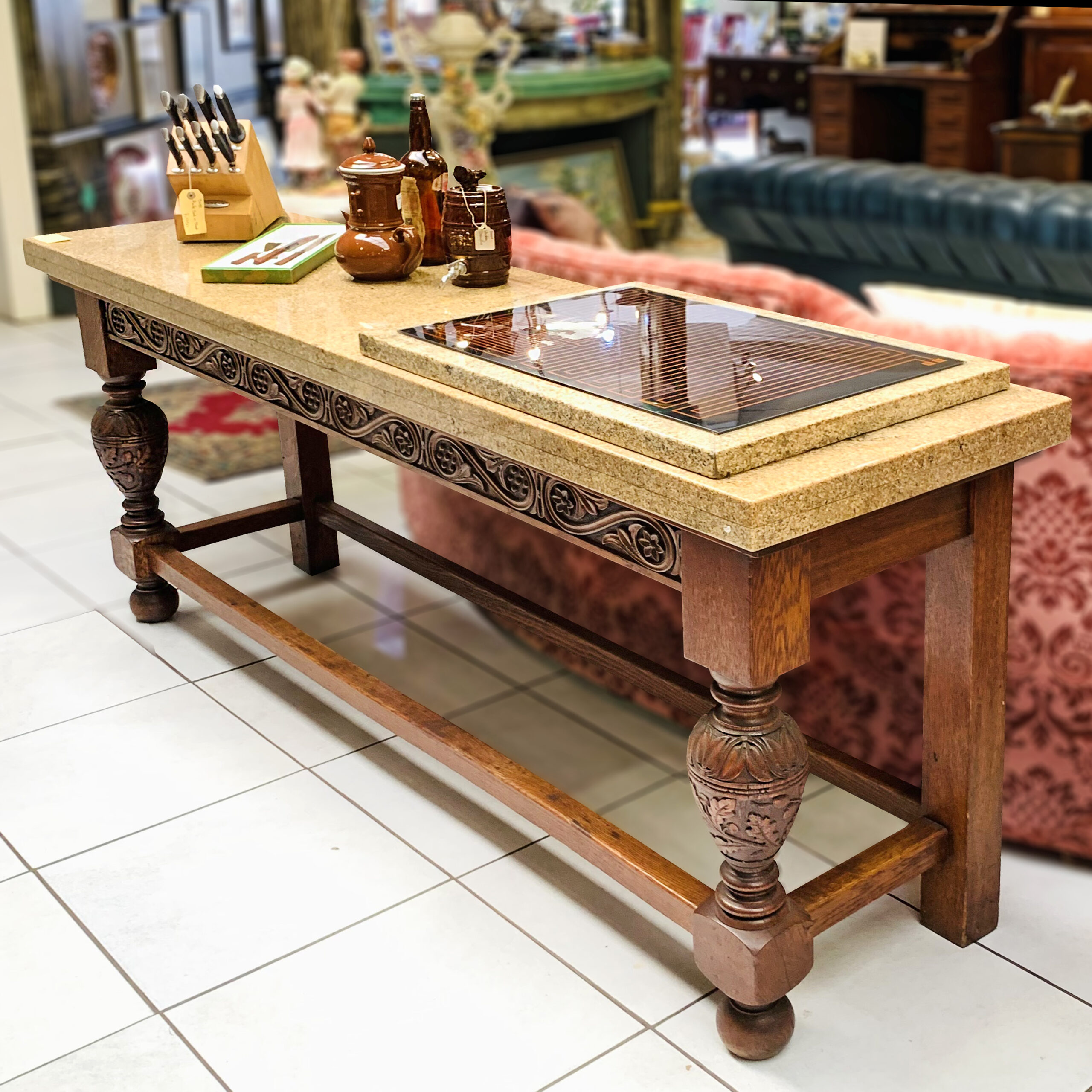 Carved Oak & Granite Top Server with Hot plate