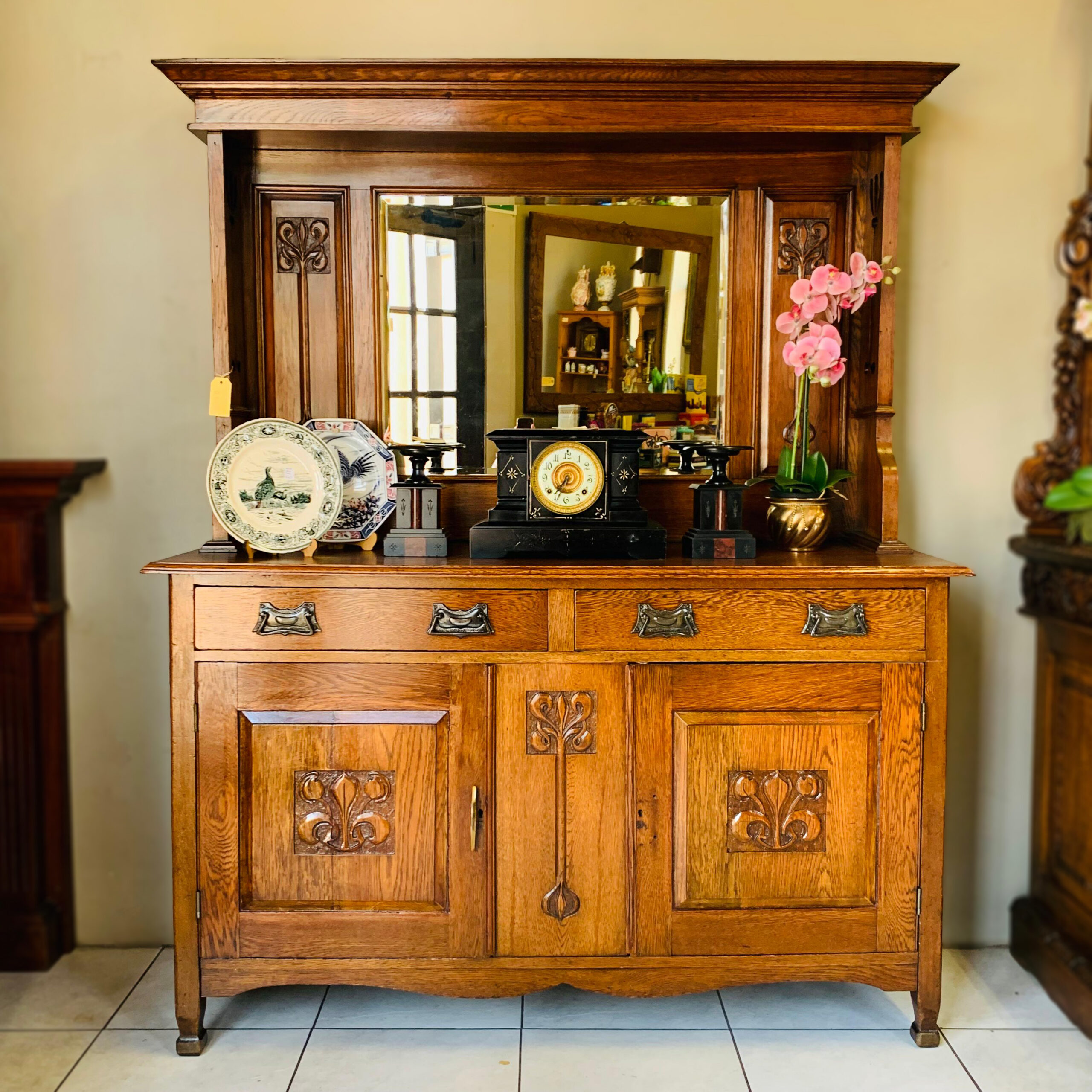 Art Nouveau Oak Mirror-Back Sideboard